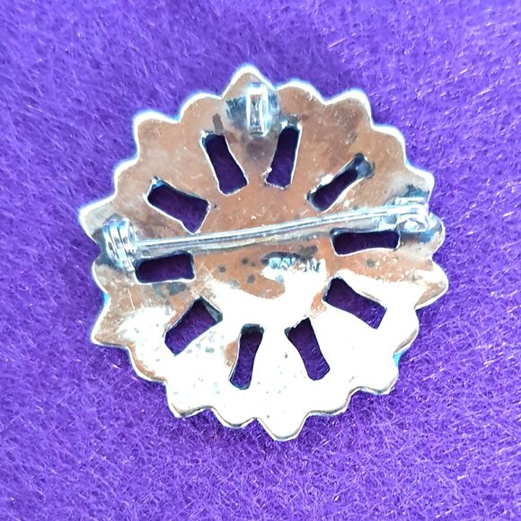 Vintage Mexican Abalone & Turquoise Inlaid Alpaca Silver Flower Brooch - Picture 4 of 11